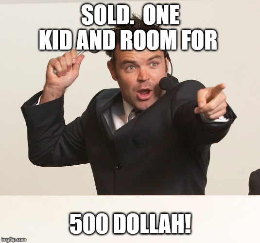 auctioneer | SOLD.  ONE KID AND ROOM FOR 500 DOLLAH! | image tagged in auctioneer | made w/ Imgflip meme maker