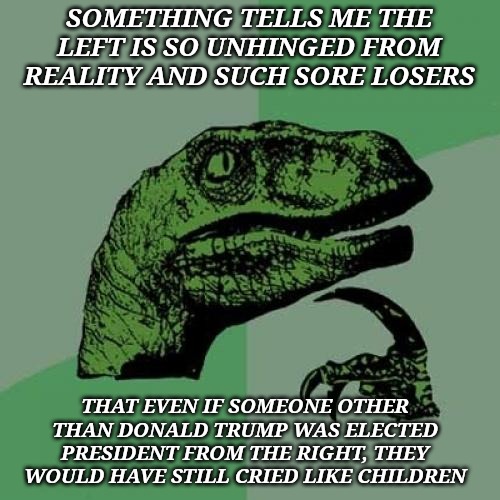 Philosoraptor | SOMETHING TELLS ME THE LEFT IS SO UNHINGED FROM REALITY AND SUCH SORE LOSERS; THAT EVEN IF SOMEONE OTHER THAN DONALD TRUMP WAS ELECTED PRESIDENT FROM THE RIGHT, THEY WOULD HAVE STILL CRIED LIKE CHILDREN | image tagged in memes,philosoraptor | made w/ Imgflip meme maker