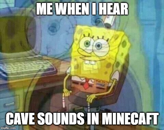 spongebob panic inside | ME WHEN I HEAR; CAVE SOUNDS IN MINECAFT | image tagged in spongebob panic inside | made w/ Imgflip meme maker