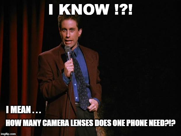 Seinfeld | I KNOW !?! I MEAN . . . HOW MANY CAMERA LENSES DOES ONE PHONE NEED?!? | image tagged in seinfeld | made w/ Imgflip meme maker
