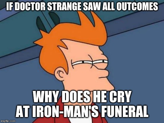 Futurama Fry | IF DOCTOR STRANGE SAW ALL OUTCOMES; WHY DOES HE CRY AT IRON-MAN'S FUNERAL | image tagged in memes,futurama fry | made w/ Imgflip meme maker
