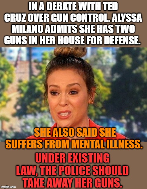 You can not get more hypocritical then her. | IN A DEBATE WITH TED CRUZ OVER GUN CONTROL. ALYSSA MILANO ADMITS SHE HAS TWO GUNS IN HER HOUSE FOR DEFENSE. SHE ALSO SAID SHE SUFFERS FROM MENTAL ILLNESS. UNDER EXISTING LAW, THE POLICE SHOULD TAKE AWAY HER GUNS. | image tagged in metoo alyssa milano status | made w/ Imgflip meme maker