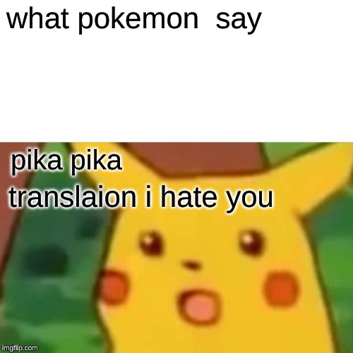 Surprised Pikachu Meme | what pokemon  say; pika pika; translaion i hate you | image tagged in memes,surprised pikachu | made w/ Imgflip meme maker