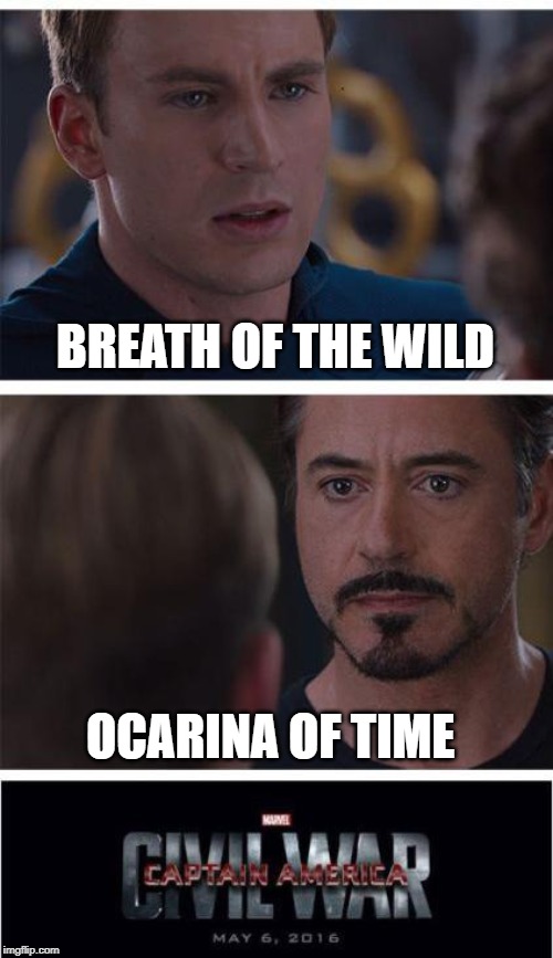 legend of zelda trauma | BREATH OF THE WILD; OCARINA OF TIME | image tagged in memes,marvel civil war 1 | made w/ Imgflip meme maker