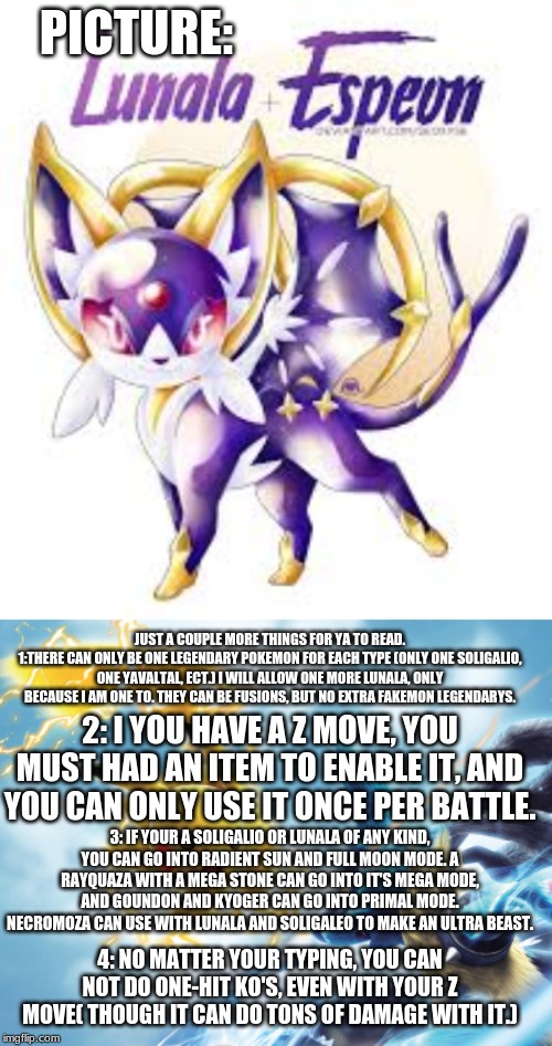 PICTURE: JUST A COUPLE MORE THINGS FOR YA TO READ.
1:THERE CAN ONLY BE ONE LEGENDARY POKEMON FOR EACH TYPE (ONLY ONE SOLIGALIO, ONE YAVALTAL | made w/ Imgflip meme maker