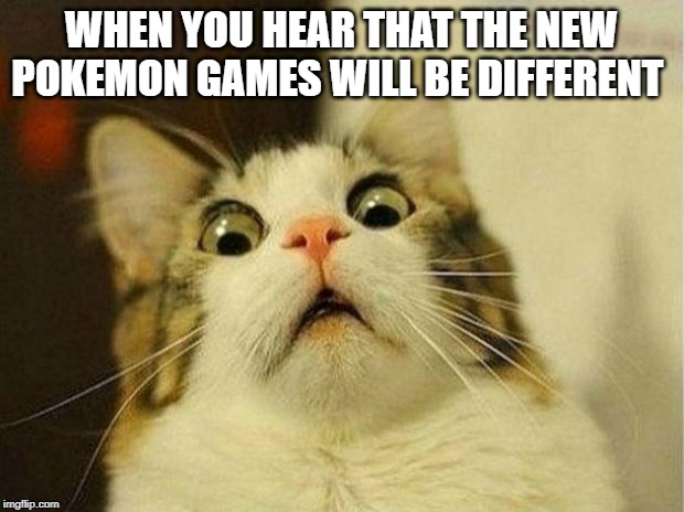 terrible | WHEN YOU HEAR THAT THE NEW POKEMON GAMES WILL BE DIFFERENT | image tagged in memes,scared cat | made w/ Imgflip meme maker