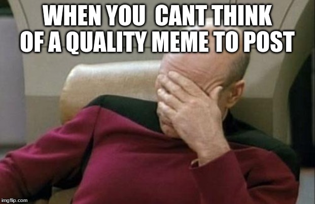 Captain Picard Facepalm | WHEN YOU  CANT THINK OF A QUALITY MEME TO POST | image tagged in memes,captain picard facepalm | made w/ Imgflip meme maker
