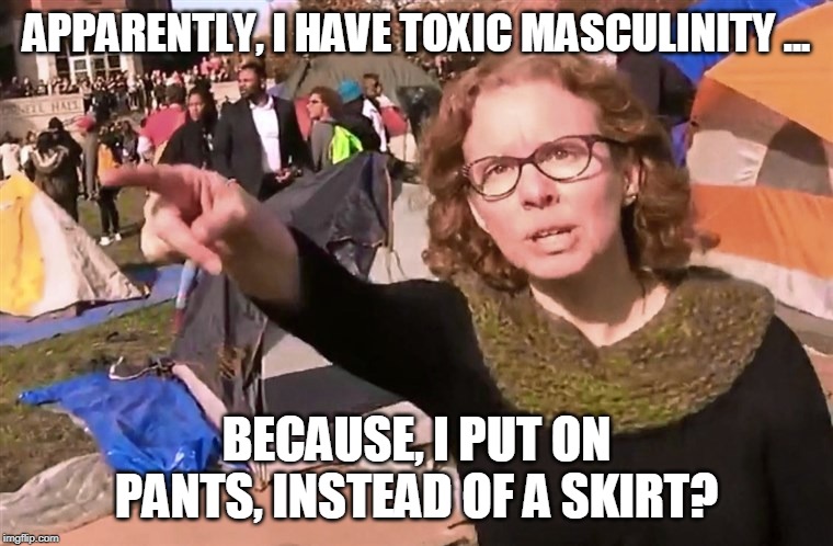 Toxic Femininity | APPARENTLY, I HAVE TOXIC MASCULINITY ... BECAUSE, I PUT ON PANTS, INSTEAD OF A SKIRT? | image tagged in toxic femininity | made w/ Imgflip meme maker