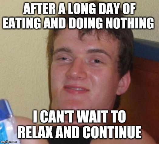 10 Guy Meme | AFTER A LONG DAY OF EATING AND DOING NOTHING; I CAN'T WAIT TO RELAX AND CONTINUE | image tagged in memes,10 guy | made w/ Imgflip meme maker