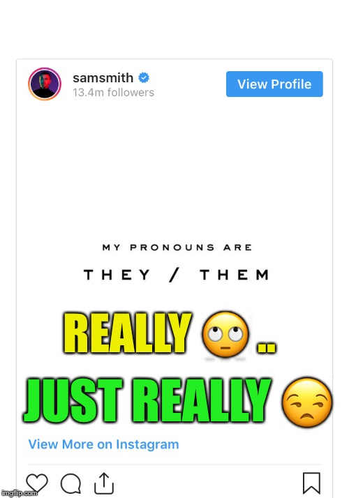 British singer Sam SmithLet wait until he starts crying that people aren’t having it. | JUST REALLY 😒; REALLY 🙄 .. | image tagged in pronoun,insanity,look at me look at me,ffs,attack helicopter | made w/ Imgflip meme maker