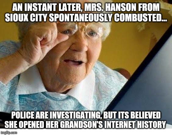 In the spirit of The Far Side part 5 - always clear your internet history | AN INSTANT LATER, MRS. HANSON FROM SIOUX CITY SPONTANEOUSLY COMBUSTED... POLICE ARE INVESTIGATING, BUT ITS BELIEVED SHE OPENED HER GRANDSON'S INTERNET HISTORY | image tagged in old lady at computer | made w/ Imgflip meme maker