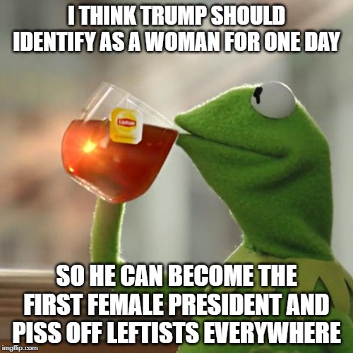 But That's None Of My Business | I THINK TRUMP SHOULD IDENTIFY AS A WOMAN FOR ONE DAY; SO HE CAN BECOME THE FIRST FEMALE PRESIDENT AND PISS OFF LEFTISTS EVERYWHERE | image tagged in memes,but thats none of my business,kermit the frog | made w/ Imgflip meme maker