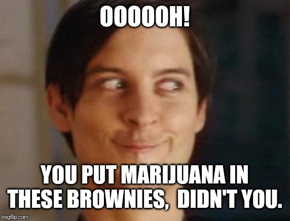 Spiderman Peter Parker Meme | OOOOOH! YOU PUT MARIJUANA IN THESE BROWNIES,  DIDN'T YOU. | image tagged in memes,spiderman peter parker | made w/ Imgflip meme maker