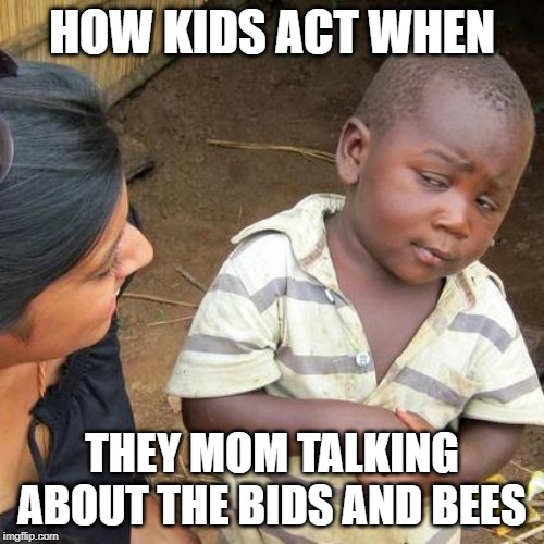 Third World Skeptical Kid Meme | HOW KIDS ACT WHEN; THEY MOM TALKING ABOUT THE BIDS AND BEES | image tagged in memes,third world skeptical kid | made w/ Imgflip meme maker