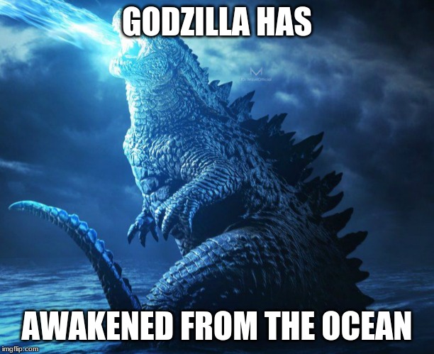 GODZILLAAWAKENS | GODZILLA HAS; AWAKENED FROM THE OCEAN | image tagged in angry godzilla | made w/ Imgflip meme maker