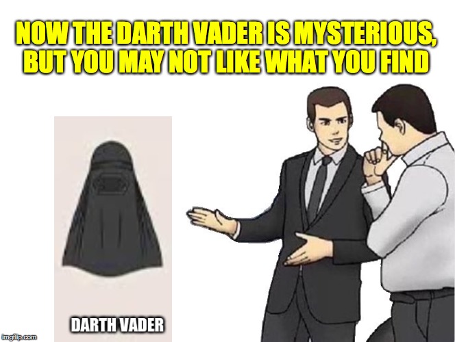 Car Salesman Slaps Hood Meme | NOW THE DARTH VADER IS MYSTERIOUS, BUT YOU MAY NOT LIKE WHAT YOU FIND | image tagged in memes,car salesman slaps hood | made w/ Imgflip meme maker