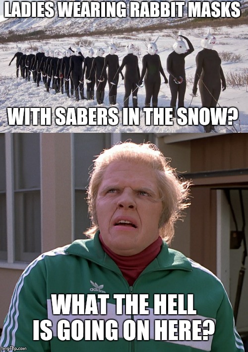 FENCING IN THE SNOW | LADIES WEARING RABBIT MASKS; WITH SABERS IN THE SNOW? WHAT THE HELL IS GOING ON HERE? | image tagged in wtf,masks,biff tannen | made w/ Imgflip meme maker