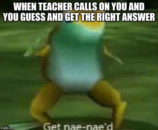 Get nae-nae'd | WHEN TEACHER CALLS ON YOU AND YOU GUESS AND GET THE RIGHT ANSWER | image tagged in get nae-nae'd | made w/ Imgflip meme maker