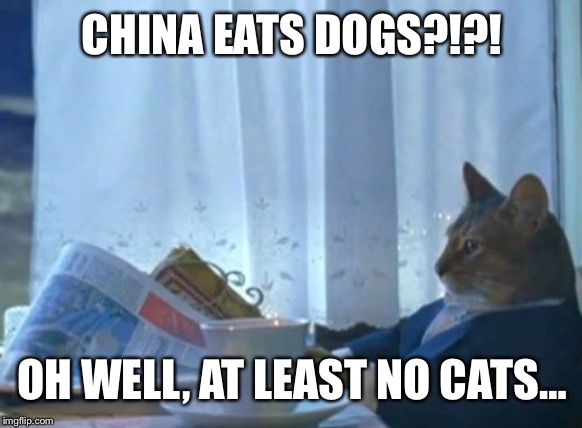 I Should Buy A Boat Cat Meme | CHINA EATS DOGS?!?! OH WELL, AT LEAST NO CATS… | image tagged in memes,i should buy a boat cat | made w/ Imgflip meme maker