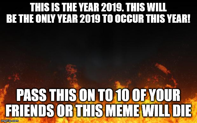 fire | THIS IS THE YEAR 2019. THIS WILL BE THE ONLY YEAR 2019 TO OCCUR THIS YEAR! PASS THIS ON TO 10 OF YOUR FRIENDS OR THIS MEME WILL DIE | image tagged in fire | made w/ Imgflip meme maker