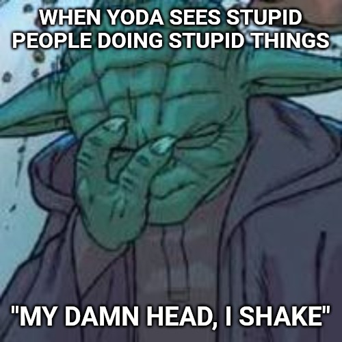 yoda facepalm | WHEN YODA SEES STUPID PEOPLE DOING STUPID THINGS; "MY DAMN HEAD, I SHAKE" | image tagged in yoda facepalm | made w/ Imgflip meme maker