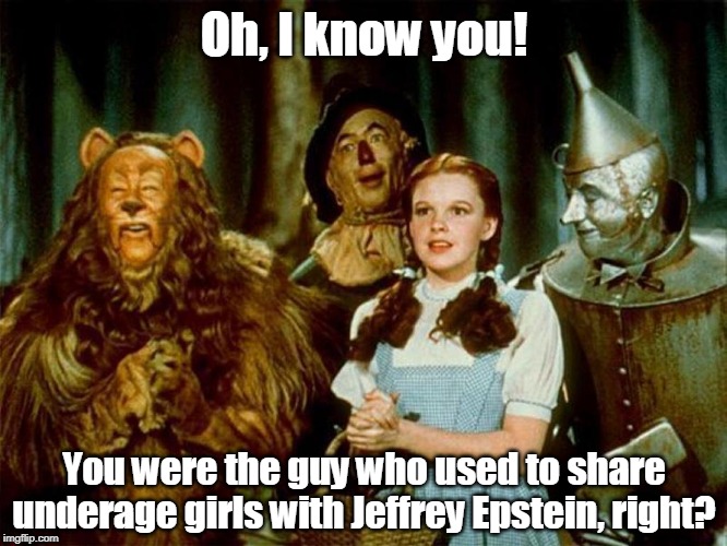 Toto pulls away the curtain, and... | Oh, I know you! You were the guy who used to share underage girls with Jeffrey Epstein, right? | image tagged in wizard of oz,trump,jeffrey epstein,jailbait,underage,statutory | made w/ Imgflip meme maker