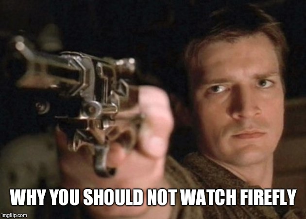 Captain Malcolm Reynolds Nathan Fillion Firefly Serenity | WHY YOU SHOULD NOT WATCH FIREFLY | image tagged in captain malcolm reynolds nathan fillion firefly serenity | made w/ Imgflip meme maker