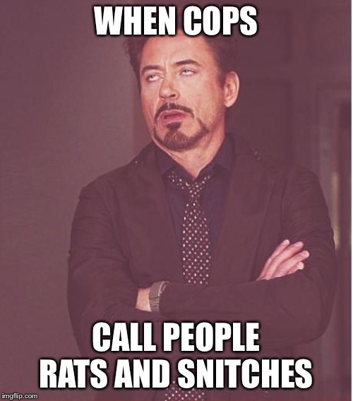 Face You Make Robert Downey Jr | WHEN COPS; CALL PEOPLE RATS AND SNITCHES | image tagged in memes,face you make robert downey jr | made w/ Imgflip meme maker