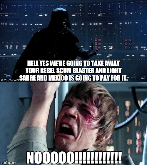 darth vader luke skywalker | HELL YES WE'RE GOING TO TAKE AWAY YOUR REBEL SCUM BLASTER AND LIGHT SABRE AND MEXICO IS GOING TO PAY FOR IT. NOOOOO!!!!!!!!!!!! | image tagged in darth vader luke skywalker | made w/ Imgflip meme maker