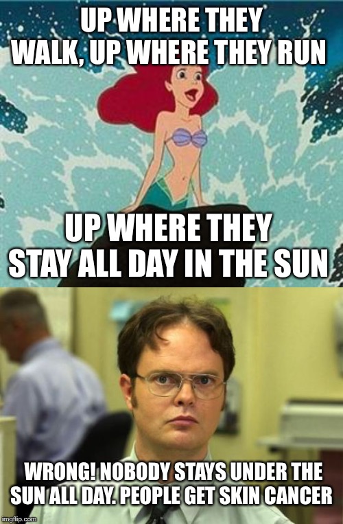 UP WHERE THEY WALK, UP WHERE THEY RUN; UP WHERE THEY STAY ALL DAY IN THE SUN; WRONG! NOBODY STAYS UNDER THE SUN ALL DAY. PEOPLE GET SKIN CANCER | image tagged in memes,dwight schrute,ariel | made w/ Imgflip meme maker