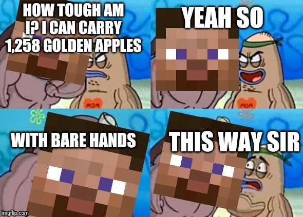 HOW TOUGH AM I? I CAN CARRY 1,258 GOLDEN APPLES; YEAH SO; WITH BARE HANDS; THIS WAY SIR | image tagged in minecraft,minecraft steve | made w/ Imgflip meme maker