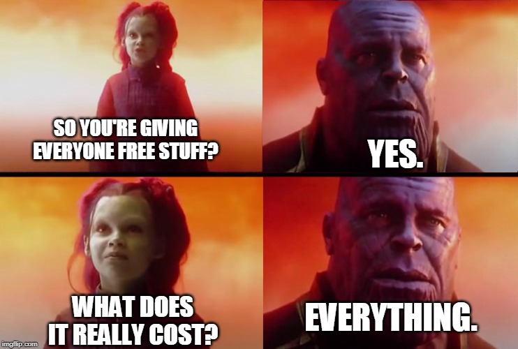 thanos what did it cost | YES. SO YOU'RE GIVING EVERYONE FREE STUFF? EVERYTHING. WHAT DOES IT REALLY COST? | image tagged in thanos what did it cost | made w/ Imgflip meme maker