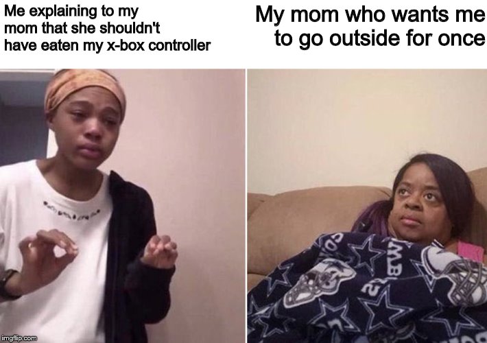 Me explaining to my mom | Me explaining to my mom that she shouldn't have eaten my x-box controller My mom who wants me to go outside for once | image tagged in me explaining to my mom | made w/ Imgflip meme maker