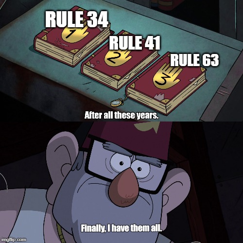 Finally, I have them all | RULE 34; RULE 41; RULE 63 | image tagged in memes,rules,rule 34,gravity falls,internet,weebs | made w/ Imgflip meme maker