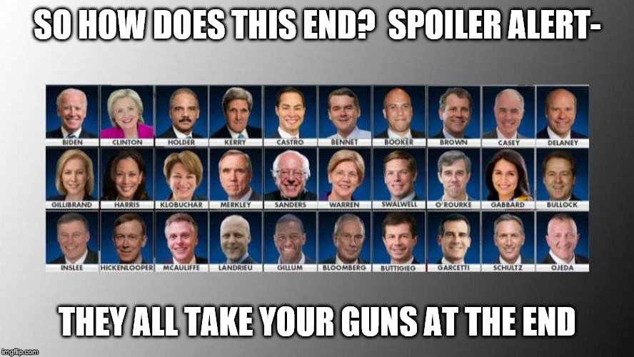 SO HOW DOES THIS END?  SPOILER ALERT-; THEY ALL TAKE YOUR GUNS AT THE END | image tagged in 2020 democratic candidates | made w/ Imgflip meme maker