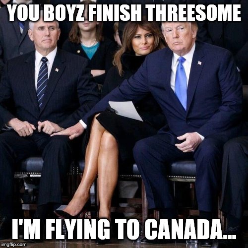 Pence Melania Trump | YOU BOYZ FINISH THREESOME; I'M FLYING TO CANADA... | image tagged in pence melania trump | made w/ Imgflip meme maker