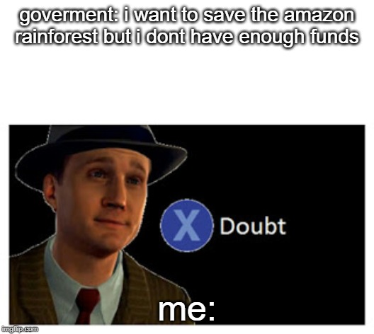 Press X to doubt with space | goverment: i want to save the amazon rainforest but i dont have enough funds; me: | image tagged in press x to doubt with space | made w/ Imgflip meme maker