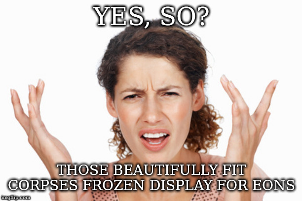 Indignant | YES, SO? THOSE BEAUTIFULLY FIT CORPSES FROZEN DISPLAY FOR EONS | image tagged in indignant | made w/ Imgflip meme maker