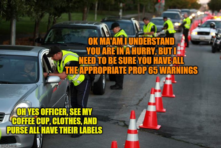 I could really see Prop 65 being taken to this level. Thank you California for showing us how to NOT do things... | OK MA'AM I UNDERSTAND YOU ARE IN A HURRY, BUT I NEED TO BE SURE YOU HAVE ALL THE APPROPRIATE PROP 65 WARNINGS; OH YES OFFICER, SEE MY COFFEE CUP, CLOTHES, AND PURSE ALL HAVE THEIR LABELS | image tagged in police checkpoints | made w/ Imgflip meme maker