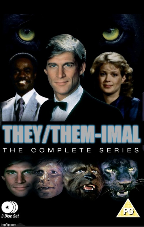 Returning to NBC this fall, Manimal is back. This time its politically correct crime fighting action at its best. | THEY/THEM-IMAL | image tagged in msnbc,politically correct,gender identity,tv shows,1980s,manimal | made w/ Imgflip meme maker