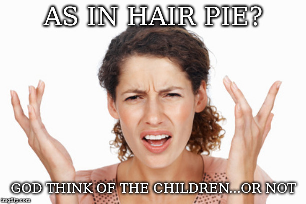 Indignant | AS IN HAIR PIE? GOD THINK OF THE CHILDREN...OR NOT | image tagged in indignant | made w/ Imgflip meme maker