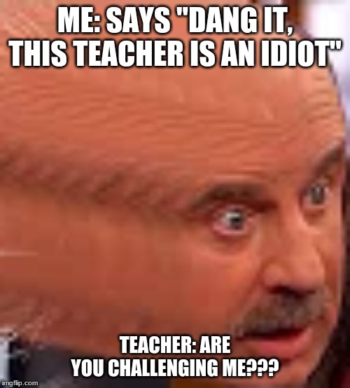 ME: SAYS "DANG IT, THIS TEACHER IS AN IDIOT"; TEACHER: ARE YOU CHALLENGING ME??? | made w/ Imgflip meme maker