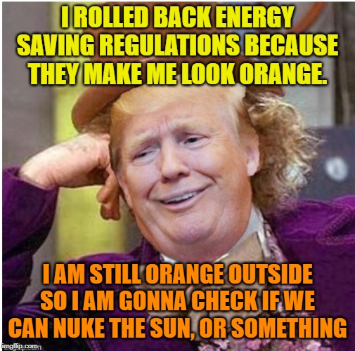 Wonka Trump | I ROLLED BACK ENERGY SAVING REGULATIONS BECAUSE THEY MAKE ME LOOK ORANGE. I AM STILL ORANGE OUTSIDE SO I AM GONNA CHECK IF WE CAN NUKE THE S | image tagged in wonka trump | made w/ Imgflip meme maker