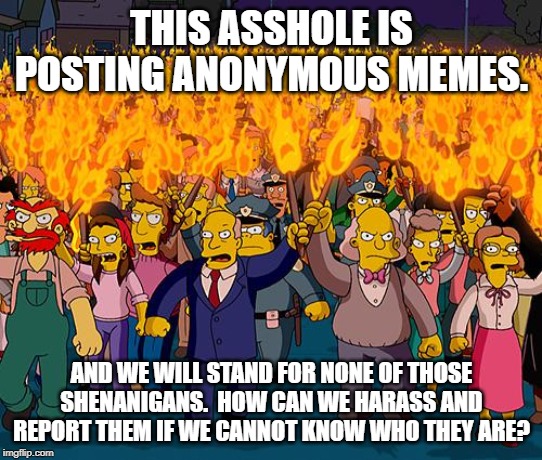 angry mob | THIS ASSHOLE IS POSTING ANONYMOUS MEMES. AND WE WILL STAND FOR NONE OF THOSE SHENANIGANS.  HOW CAN WE HARASS AND REPORT THEM IF WE CANNOT KNOW WHO THEY ARE? | image tagged in angry mob | made w/ Imgflip meme maker
