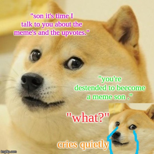 Doge | "son it's time I talk to you about the meme's and the upvotes."; "you're destended to beecome a meme son ."; "what?"; cries quietly | image tagged in memes,doge | made w/ Imgflip meme maker