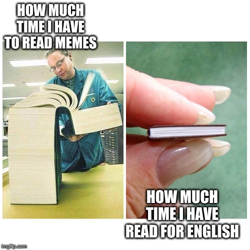 There aren't enough hours in a day to do homework | HOW MUCH TIME I HAVE TO READ MEMES; HOW MUCH TIME I HAVE READ FOR ENGLISH | image tagged in big book vs little book,homework,memes,aint nobody got time for that | made w/ Imgflip meme maker