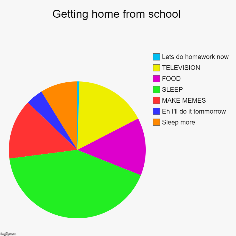Getting home from school | Sleep more, Eh I'll do it tommorrow, MAKE MEMES, SLEEP, FOOD, TELEVISION, Lets do homework now | image tagged in charts,pie charts | made w/ Imgflip chart maker