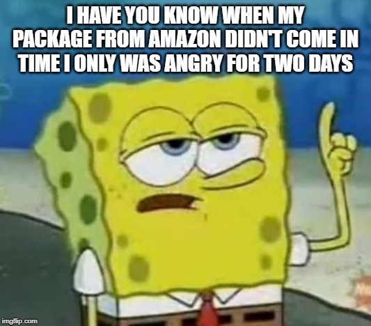 I'll Have You Know Spongebob Meme | I HAVE YOU KNOW WHEN MY PACKAGE FROM AMAZON DIDN'T COME IN TIME I ONLY WAS ANGRY FOR TWO DAYS | image tagged in memes,ill have you know spongebob | made w/ Imgflip meme maker