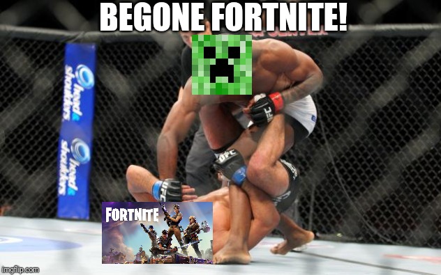 Minecraft for the win | BEGONE FORTNITE! | image tagged in ufc punch | made w/ Imgflip meme maker