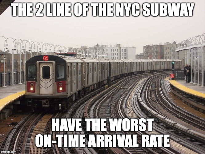 2 Trains | THE 2 LINE OF THE NYC SUBWAY; HAVE THE WORST ON-TIME ARRIVAL RATE | image tagged in nyc,subway,nyc subway,memes,new york city,public transport | made w/ Imgflip meme maker